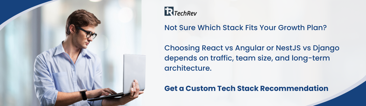 Not Sure Which Stack Fits Your Growth Plan? Choosing React vs Angular or NestJS vs Django depends on traffic, team size, and long-term architecture. Get a Custom Tech Stack Recommendation